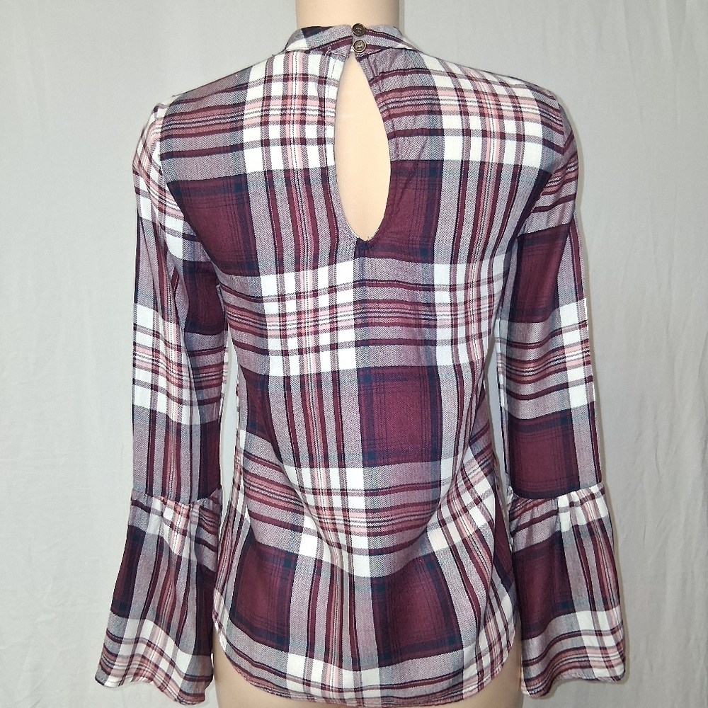 American Rag Cie Plainbell Vtg Burgundy Plaid Choker Blouse.Vtg Boho retro.Casua - Picture 7 of 16